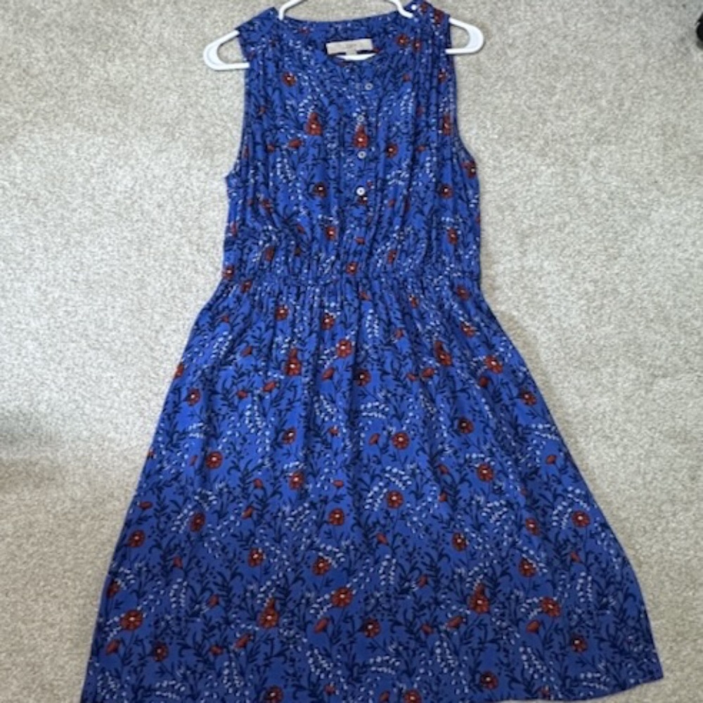 Ann Taylor LOFT Blue Floral Dress Elastic Waist Button/Ruffle Front A-Line Sz M